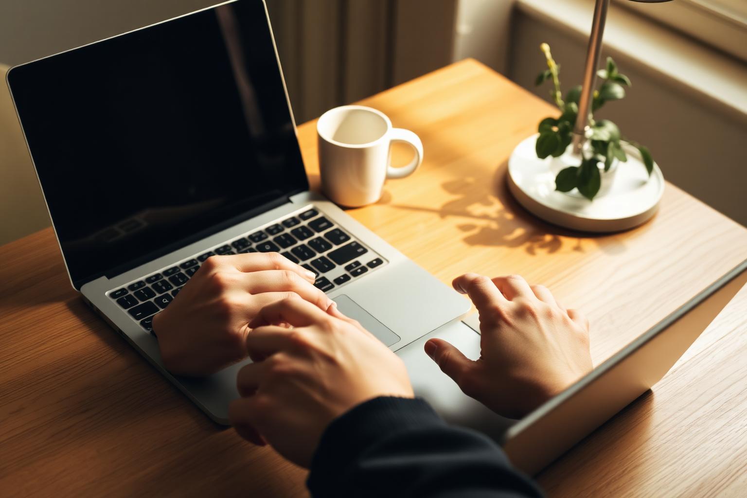 A teammate's hands on a laptop in warm afternoon light — the AI works under quiet review.